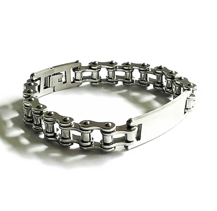 Engravable Plate Bike Chain Bracelet, bike chain stainless steel jewelry, a man of steel, mens jewelry, engrave