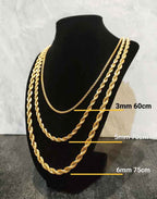 5mm, 6mm Rope Chains available in Gold and silver, stainless steel. Available lengths: 60cm, 75cm, 90cm and 100cm