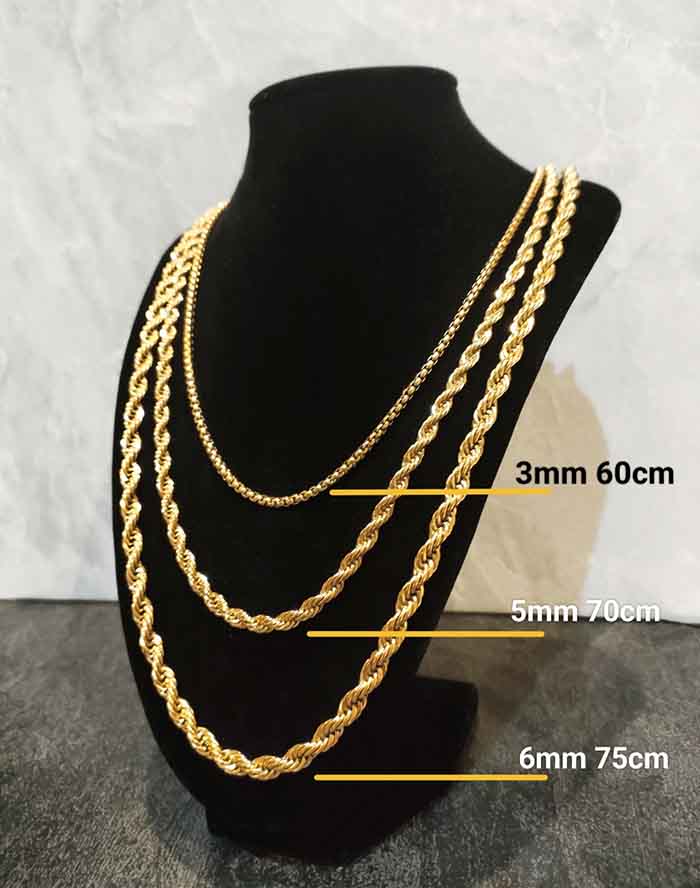 5mm, 6mm Rope Chains available in Gold and silver, stainless steel. Available lengths: 60cm, 75cm, 90cm and 100cm